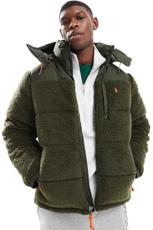 Ralph Lauren Icon logo detachable hood sherpa borg puffer jacket in olive green