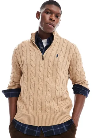 Ralph Lauren Driver icon logo half zip roving cotton cable knit jumper in marl-Neutral
