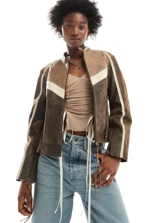 Urban Code Panelled leather moto biker jacket in multi brown