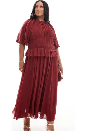ASOS ASOS DESIGN Curve puff sleeve midi dress with gauged waist in burgundy-Red
