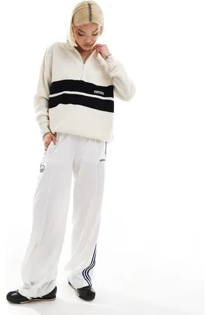 Daisy Street Beige quarter zip pullover jumper with embroidered oxford-White