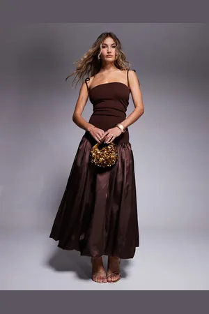 Amy Lynn Alexa tie shoulder satin puffball midi dress in chocolate-Brown