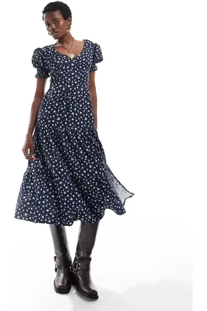Daisy Street V neck midi tea dress in navy white ditsy-Multi