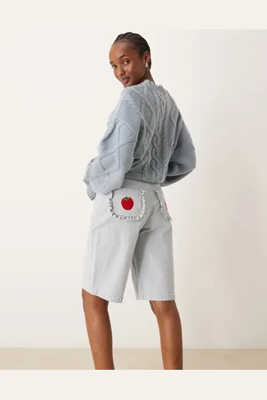 Neon Rose Hickory stripe tomato embroidered jorts in light