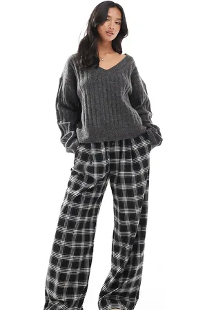 Bershka Petite tie waist wide leg pants in check