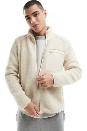 Only & Sons Zip through sherpa fleece with chest pocket in beige-Neutral