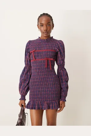 Neon Rose Check print ribbon detail shirred mini dress in navy