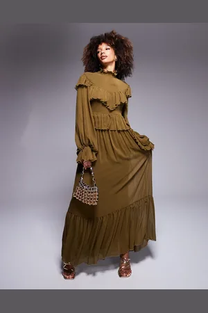 DASKA High neck chiffon ruffle maxi dress in -Green