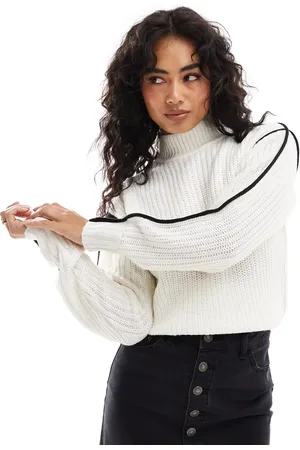 Brave Soul Knitted drop shoulder high neck jumper in with contrast black seam detail-White