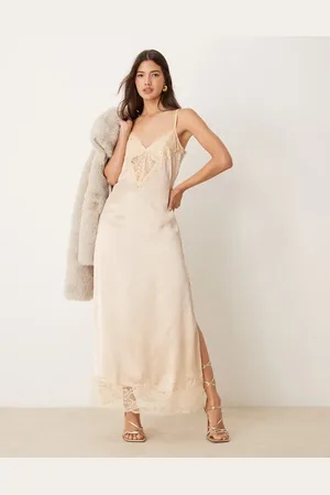 Miss Selfridge Satin lace cami maxi dress in neutral-Pink