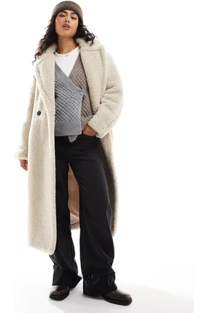 Bershka Oversized longline shearling coat in -Neutral