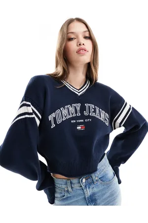 Tommy Hilfiger Crop varsity v neck jumper in navy