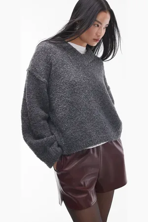 Topshop Knitted high v-neck boucle jumper in -Grey