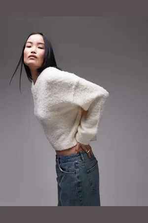 Topshop Knitted high v-neck boucle jumper in -White