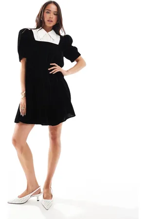 & OTHER STORIES Velvet mini dress with collar detail and puff sleeves in
