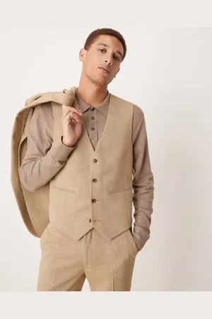 ASOS Wedding slim wool mix suit waistcoat in basketweave texture-Neutral