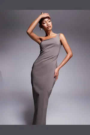 Vesper Bengaline one shoulder midaxi dress in -Neutral