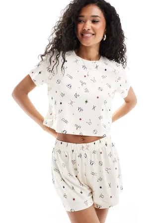Loungeable Cropped t-shirt and shorts pyjama set in celestial print
