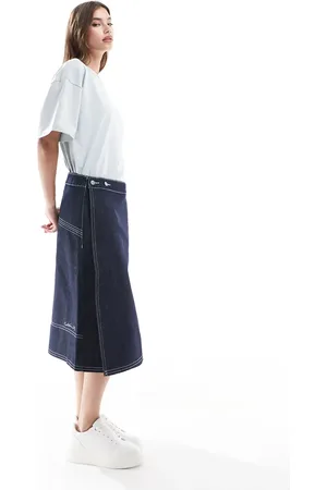 COLLUSION Midi wrap skirt in raw denim-Blue