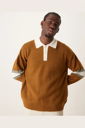 ASOS Relaxed fluffy knitted rugby polo with sleeve panel in -Brown