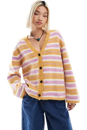 Monki Fluffy yarn knitted cardigan with v neck in pink and beige stripe-Multi