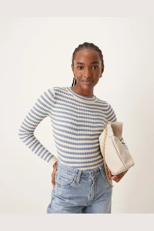 Pieces® Chunky ribbed knit long sleeve top in denim blue stripe