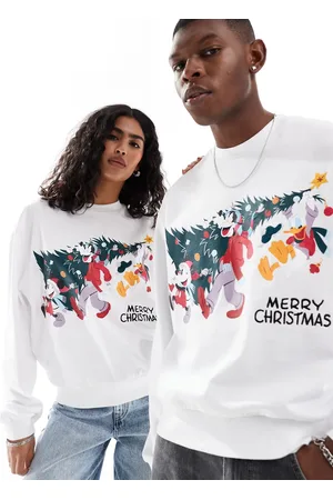 ASOS Disney Christmas boxy oversized sweatshirt with Mickey Mouse & Friends front print in -Neutral