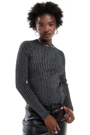 Pieces® Long sleeve ribbed knit top in silver glitter