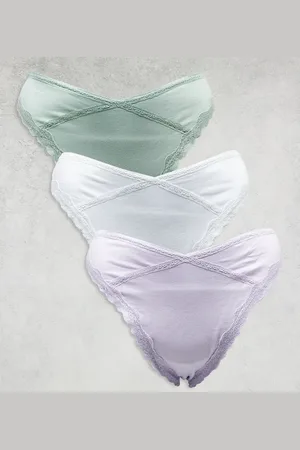 ASOS ASOS DESIGN Curve Viv 3 pack high leg lingerie thong with lace trim in lilac, sage & white-Multi