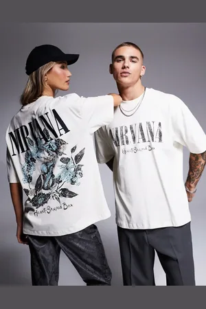 ASOS Unisex oversized licence t-shirt with Nirvana graphic prints and embroidery in off white-Neutral
