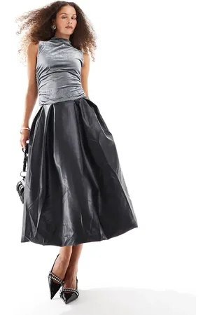 Amy Lynn Alexa PU midi dress in charcoal velvet-Multi
