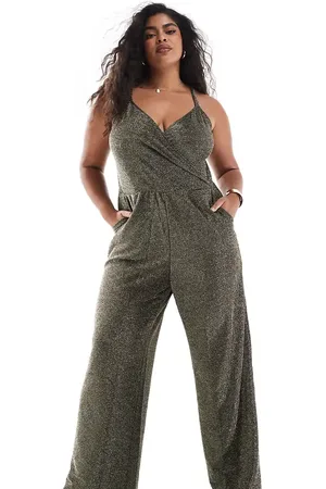 VERO MODA Strappy wide leg jumpsuit in black and gold glitter