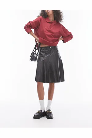 Topshop Faux leather pleated 90s length skirt in washed dark