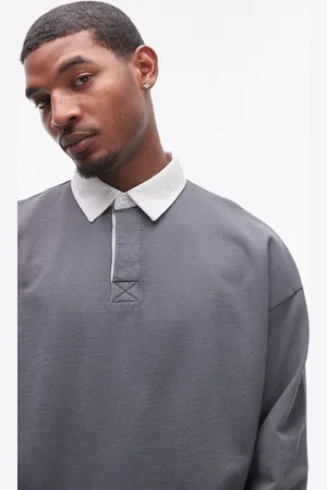 Topman Oversized fit polo with woven collar in washed -Grey