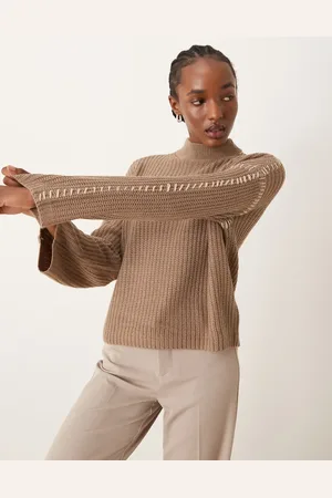 VILA Knitted high neck jumper with contrast stitch detail in camel-Neutral