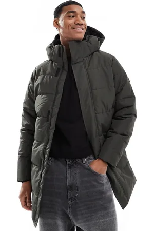 Only & Sons Longline quilted coat with hood in dark green