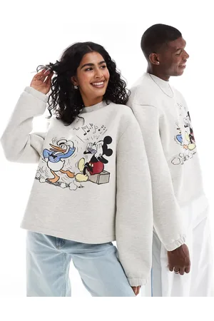ASOS Disney unisex boxy oversized scuba sweatshirt with Mickey Mouse and Donald Duck print in grey marl-White