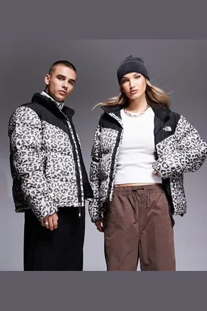 The North Face Saikuru logo puffer jacket in grey leopard print exclusive to ASOS