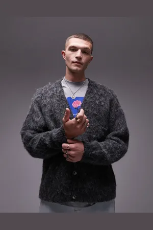 Topman Relaxed fit fluffy cardigan in grey texture-Multi