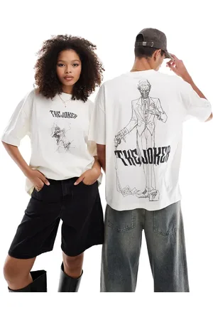 ASOS Unisex oversized licence t-shirt with The Joker sketch prints in stone-Neutral