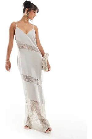Pretty Lavish Asymmetric lace satin maxi dress in -Neutral