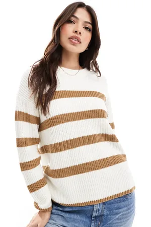 SELECTED Femme knitted jumper in cream with tan stripe-White