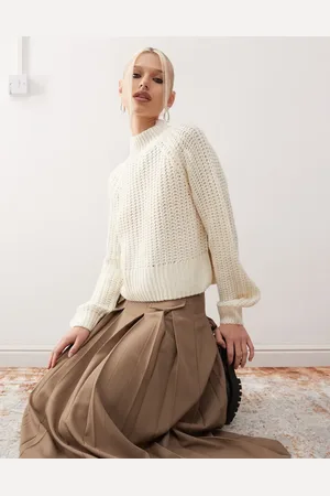 Noisy May High neck cropped knitted jumper in cream-White