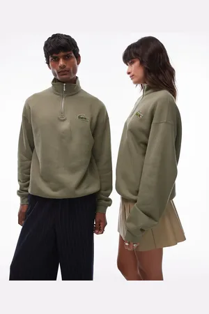 Lacoste Signature quarter zip logo sweatshirt in kahki-Green