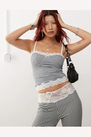 Lioness Corset cami top with lace trim in mono gingham (part of a set)-Multi