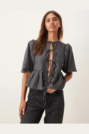 Glamorous Poplin tie front peplum blouse with puff sleeves in grey black stripe-Navy
