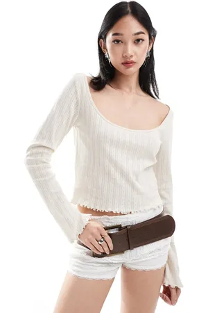 Monki Pointelle long sleeve top with open neck in -Neutral