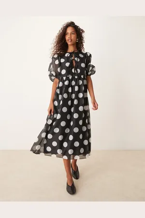 Glamorous Smock dress with puff sleeves in black and white polka dot