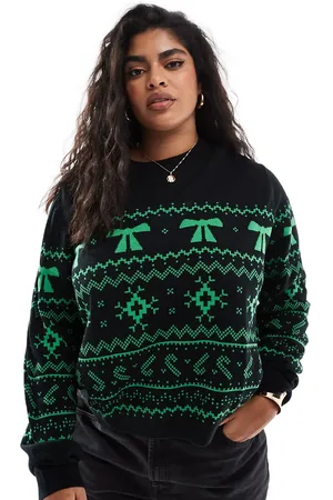 ASOS ASOS DESIGN Curve crew neck christmas jumper with fair isle pattern in black and green-Multi