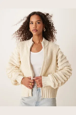 VILA Premium textured sleeve zip up cardigan in cream-White